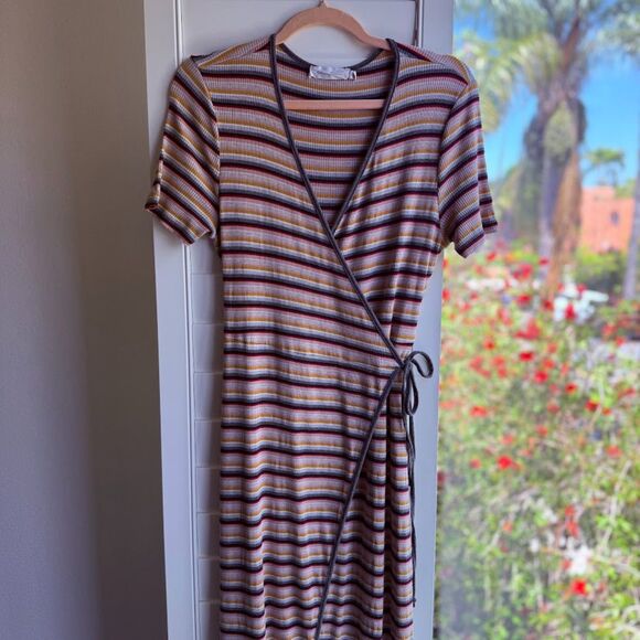 All in Favor Ribbed Wrap Dress in Multicolor Stripes - Picture 5 of 14